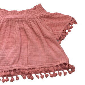 Michael Star off the shoulder smocked neckline pom pom cropped swing top sz M